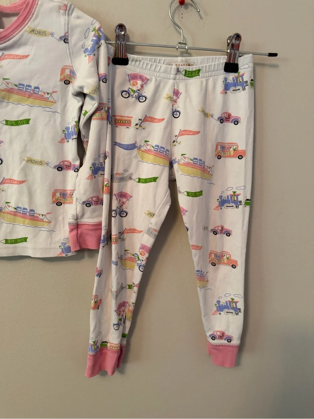The Beaufort Bonnet Company Pink Trim White Vehicle Print Pajama Set